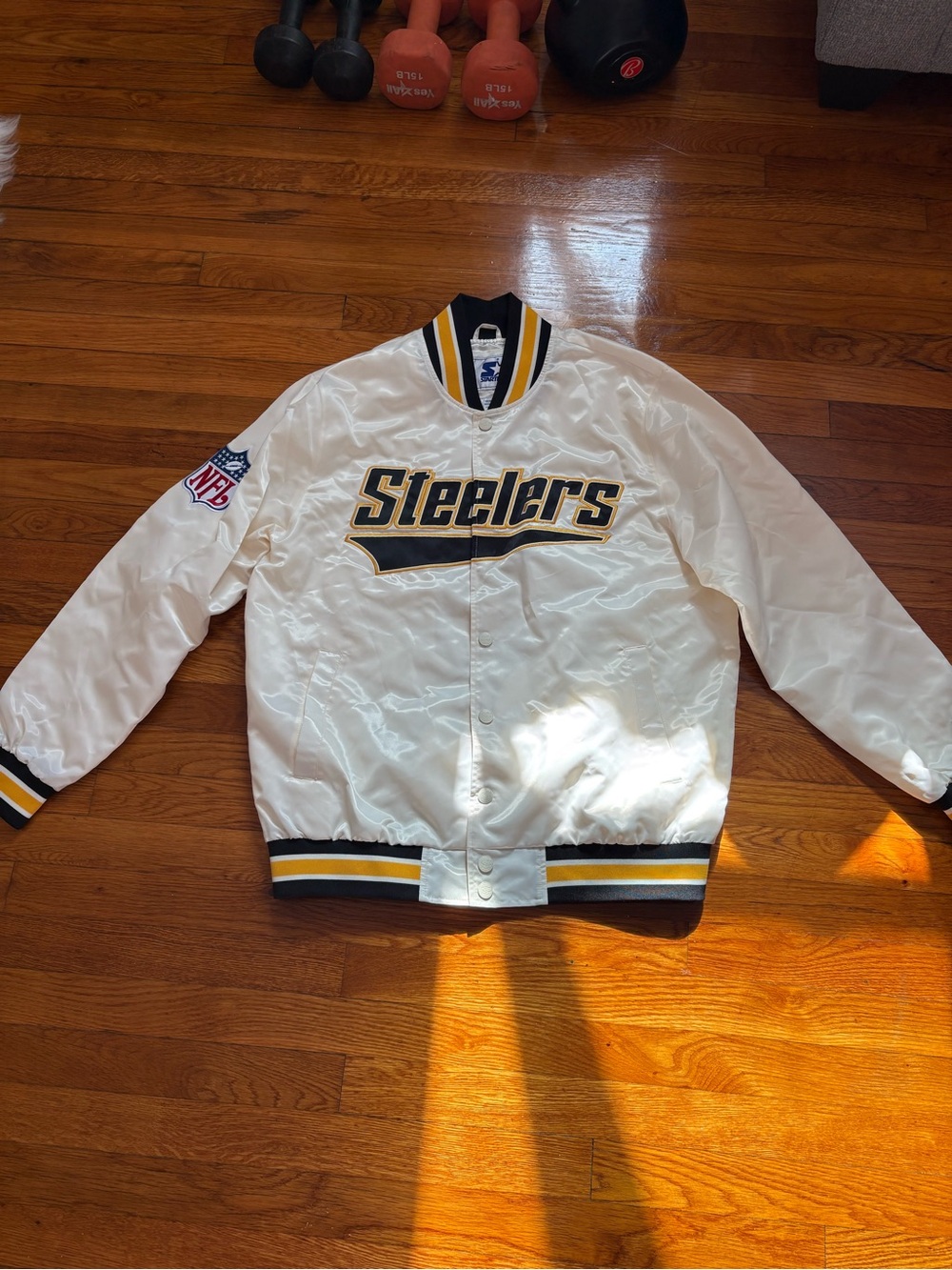 STARTER White Pittsburgh Steelers Satin Bomber Jacket with Black & Gold Trim
